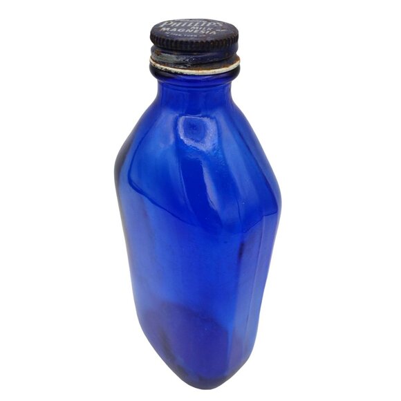 Cobalt Blue Phillips Milk of Magnesia Bottle Twist Lid 1900s 7 Inch Apothecary - Picture 1 of 8